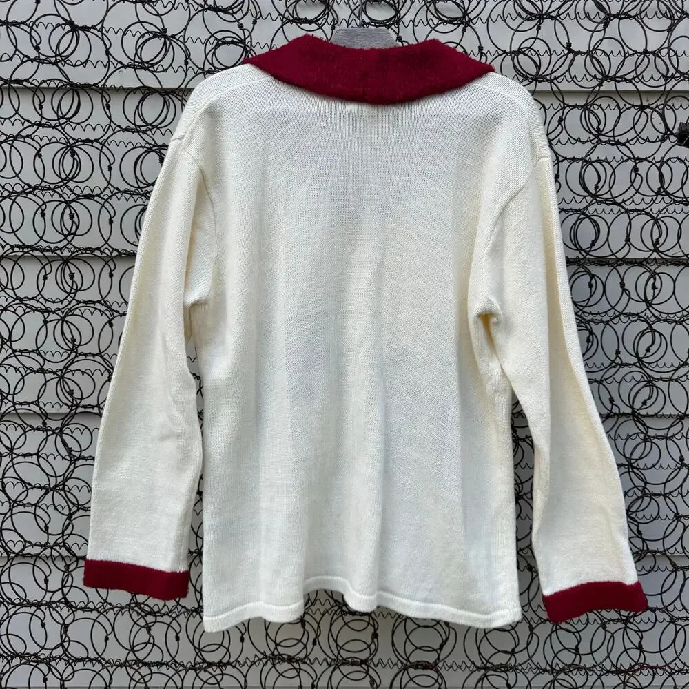 Vintage 90s JTWO Christmas Cardinals Winter Cardigan Sweater Red Collar LARGE